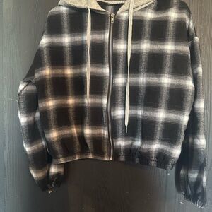 Size Small -Women's Casual Plaid Hooded Zip Rope Long Sleeve Track Jacket